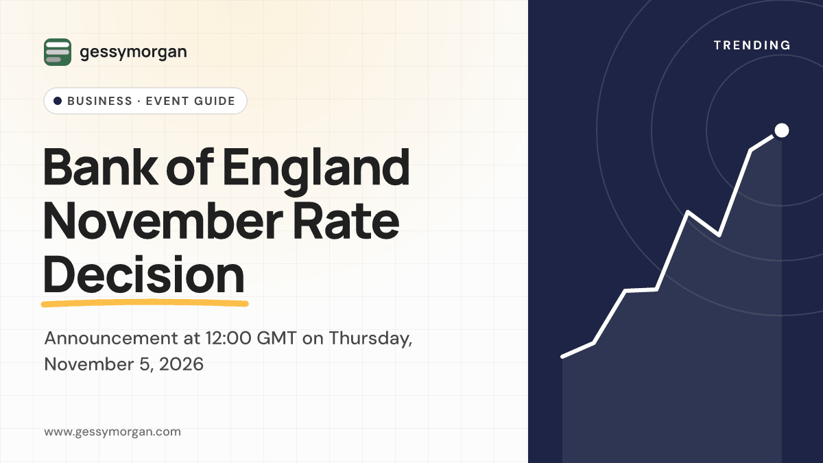 Branded cover graphic reading Bank of England November Rate Decision, with the 12:00 GMT, November 5, 2026 announcement time.