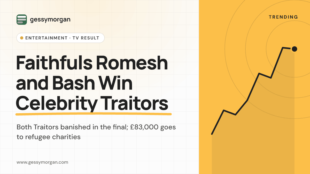 Branded cover graphic stating that Faithfuls Romesh Ranganathan and Sebastian Croft won The Celebrity Traitors 2026.
