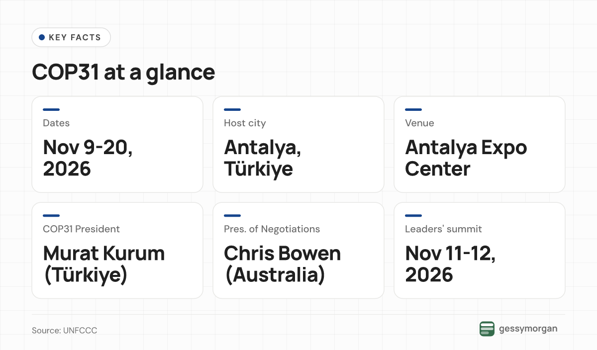 Fact card showing COP31 dates, host city Antalya, the Antalya Expo Center venue, the two presidency roles and the November 11 to 12 leaders' summit.