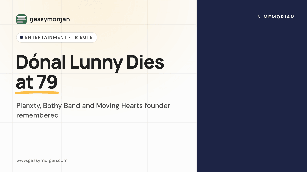 Branded tribute cover reading Dónal Lunny Dies at 79, remembering the founder of Planxty, The Bothy Band and Moving Hearts.
