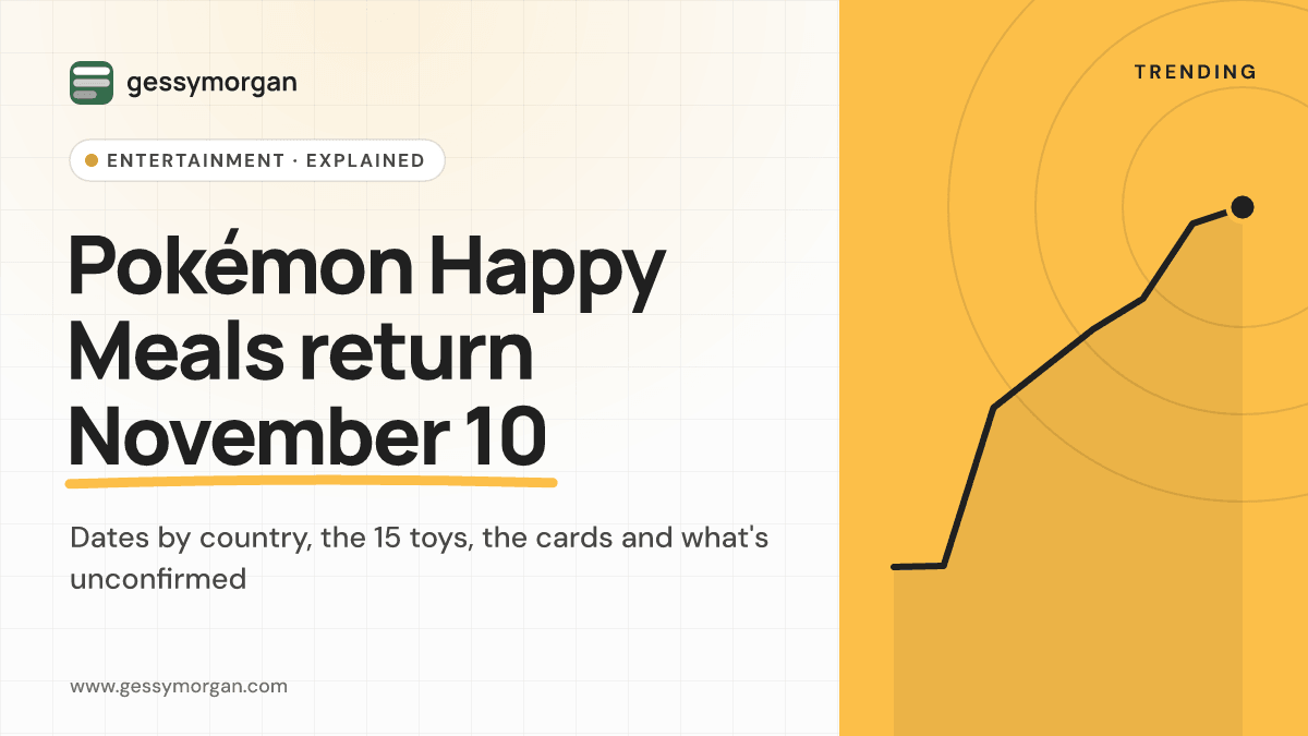 GessyMorgan cover graphic reading Pokémon Happy Meals return November 10, with a subline about dates, toys and cards.