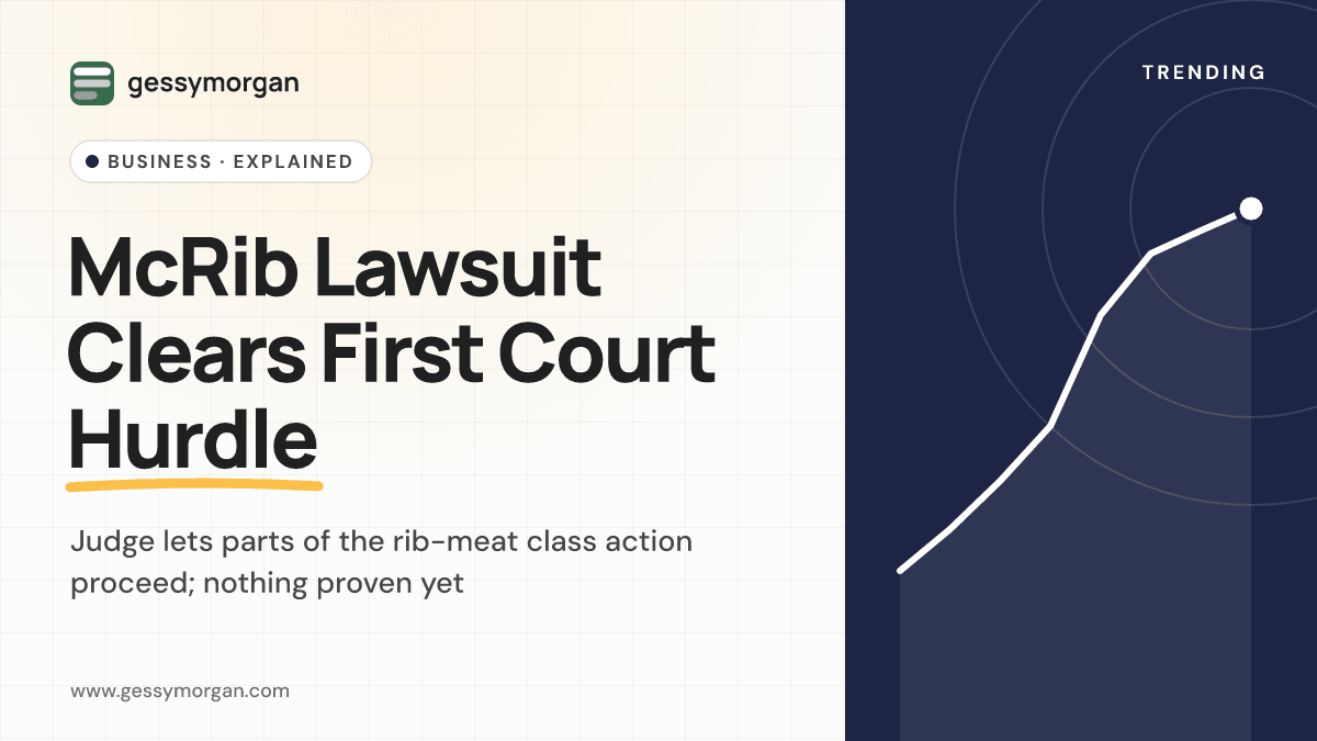 Branded cover reading McRib Lawsuit Clears First Court Hurdle, noting a judge let parts of the class action proceed.