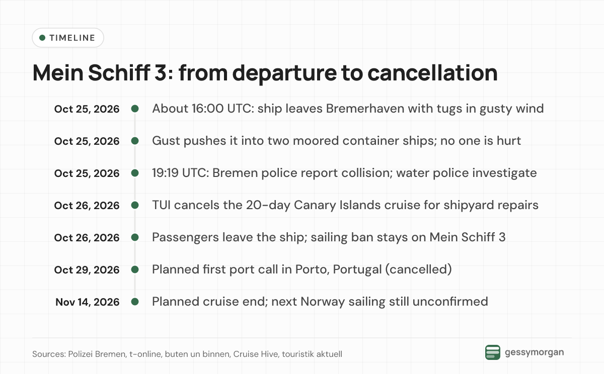 Timeline of the Mein Schiff 3 collision from departure on October 25, 2026 to the cancelled cruise and the uncertain November 14 sailing.