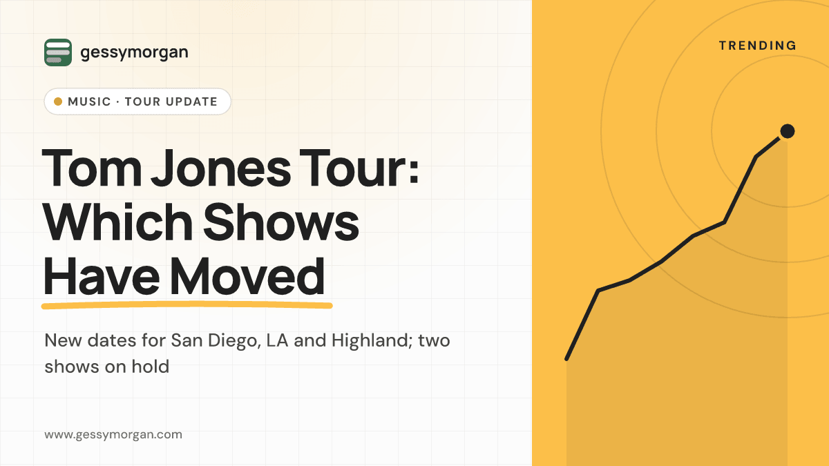 Branded cover graphic reading Tom Jones Tour: Which Shows Have Moved, with a subline about new dates for San Diego, Los Angeles and Highland and two shows on hold.