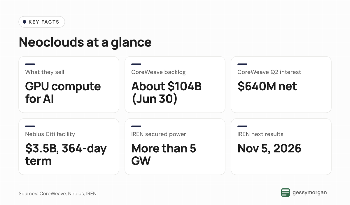 Fact box: neoclouds sell GPU compute for AI; CoreWeave had about a $104 billion backlog and $640 million of Q2 net interest expense; Nebius secured a $3.5 billion Citi facility; IREN claims over 5 GW of power and reports November 5.
