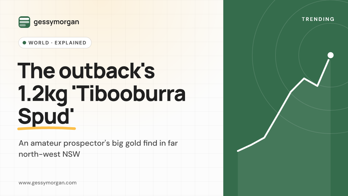 Cover graphic reading The outback's 1.2kg Tibooburra Spud, about an amateur prospector's gold find in far north-west New South Wales.