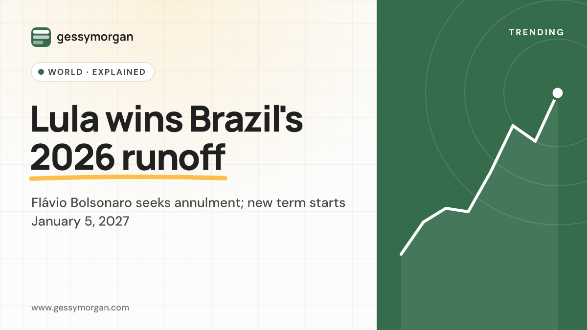 Branded cover graphic reading Lula wins Brazil's 2026 runoff, noting Flávio Bolsonaro's annulment bid and the January 5, 2027 start of the new term.