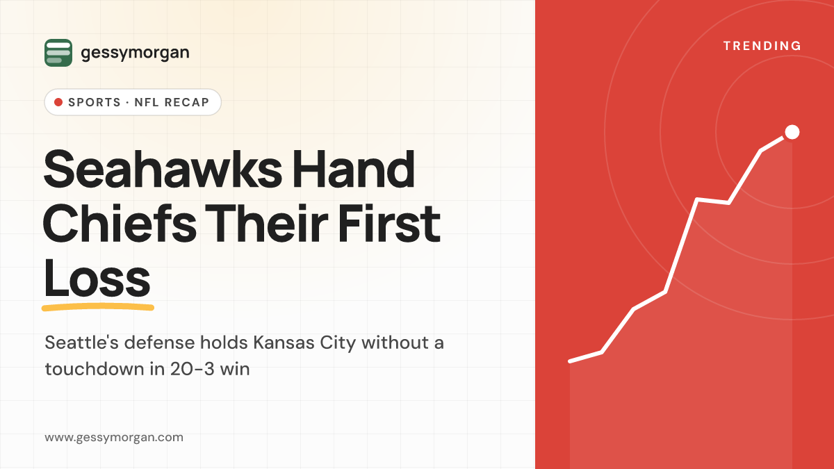 Branded cover graphic reading Seahawks Hand Chiefs Their First Loss, with a subline about Seattle's 20-3 win.