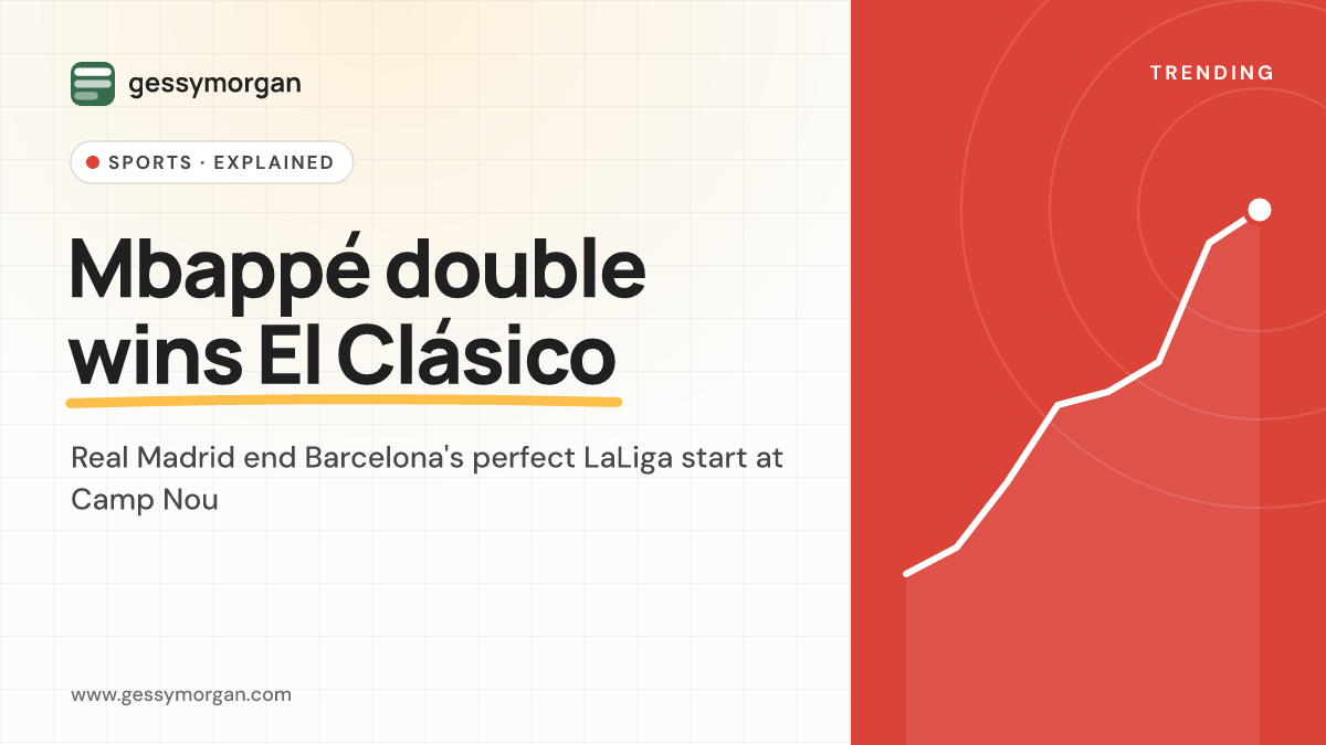Branded cover graphic reading Mbappé double wins El Clásico, about Real Madrid's 2-1 win at Barcelona.