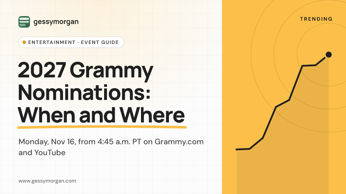 Branded cover graphic reading 2027 Grammy Nominations: When and Where, with the November 16 announcement time.