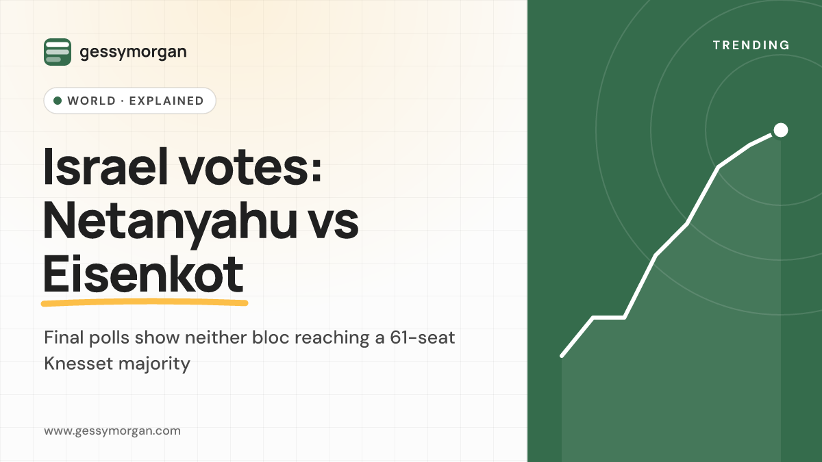 Branded cover graphic reading Israel votes: Netanyahu vs Eisenkot, noting that final polls show neither bloc reaching a 61-seat majority.