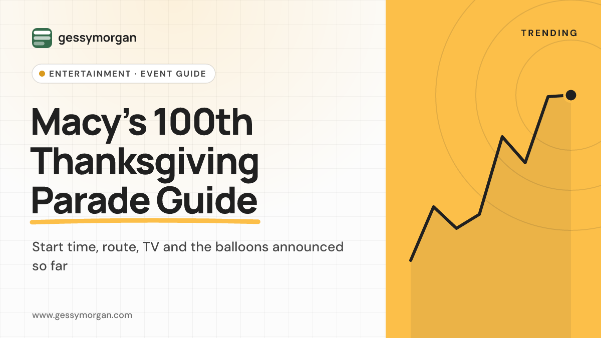 Branded cover graphic reading Macy's 100th Thanksgiving Parade Guide, with a subline about start time, route, TV and balloons announced so far.