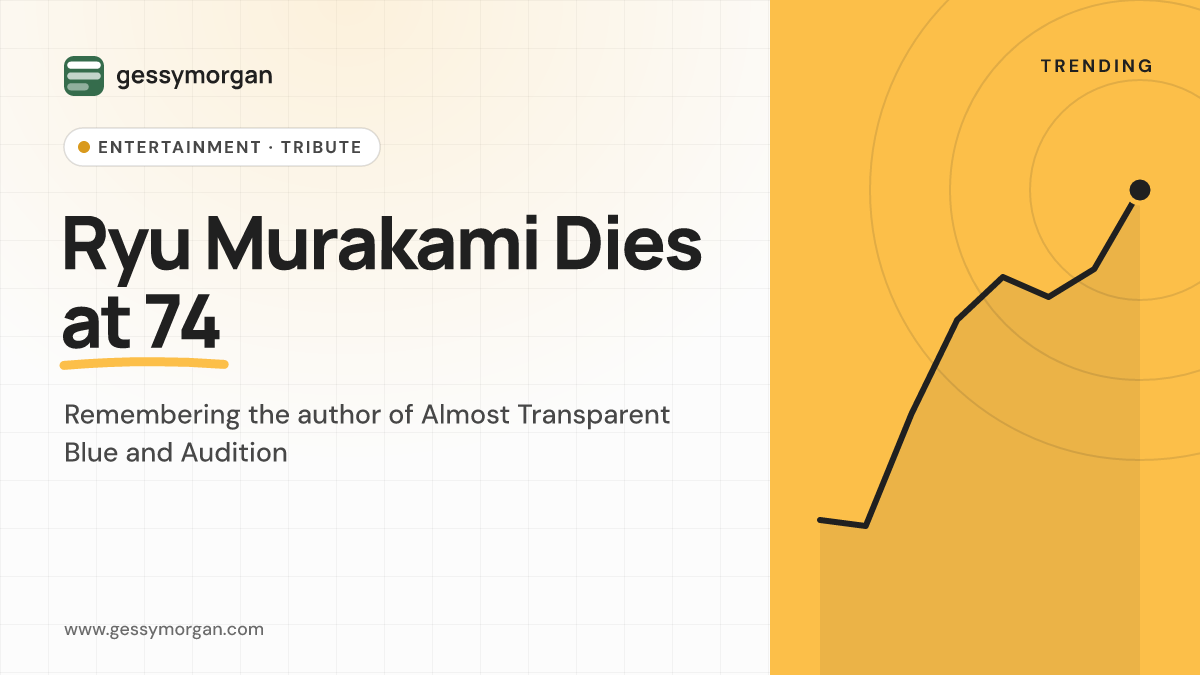 Branded cover graphic reading Ryu Murakami Dies at 74, remembering the author of Almost Transparent Blue and Audition.