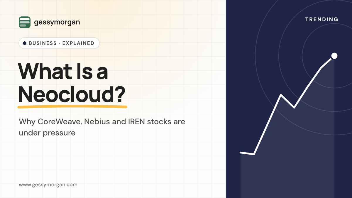 Branded cover graphic asking What Is a Neocloud?, with a subline about pressure on CoreWeave, Nebius and IREN stocks.