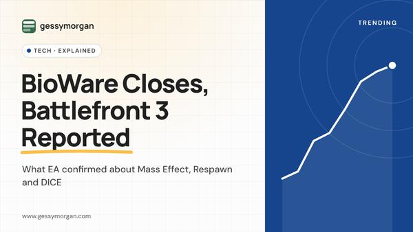 Branded cover graphic reading BioWare Closes, Battlefront 3 Reported, with a subline about what EA confirmed.
