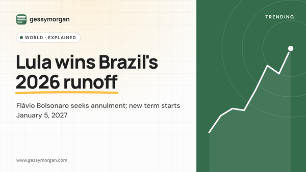 Branded cover graphic reading Lula wins Brazil's 2026 runoff, noting Flávio Bolsonaro's annulment bid and the January 5, 2027 start of the new term.