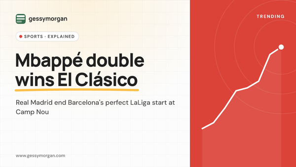 Branded cover graphic reading Mbappé double wins El Clásico, about Real Madrid's 2-1 win at Barcelona.