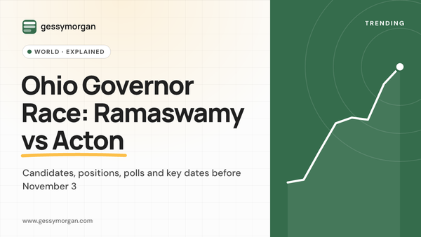 Branded cover graphic reading Ohio Governor Race: Ramaswamy vs Acton, with a subline about candidates, positions, polls and key dates.
