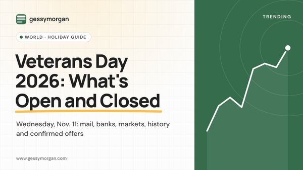 Branded cover graphic reading Veterans Day 2026: What's Open and Closed, with a subline listing mail, banks, markets, history and confirmed offers.